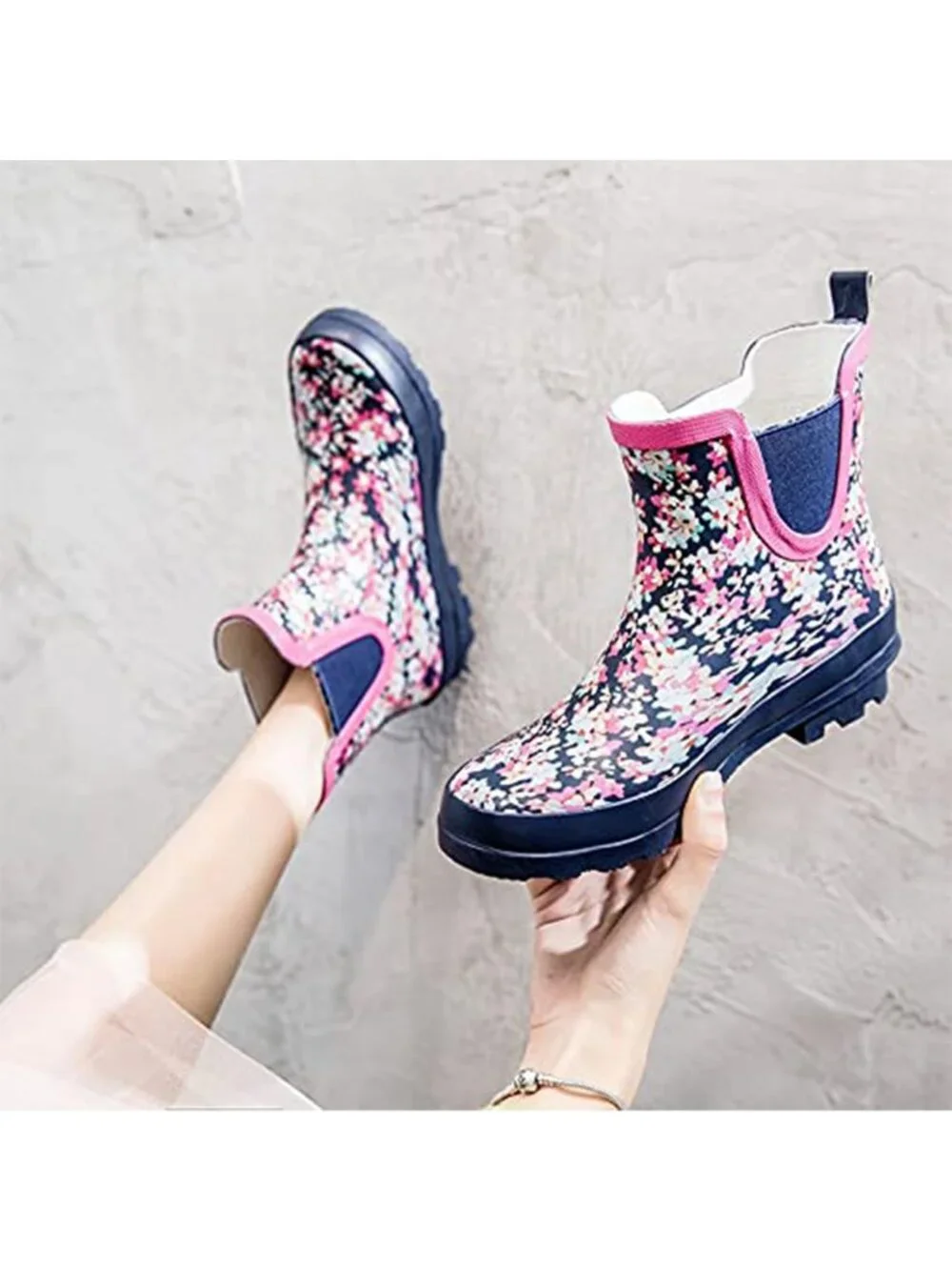 Women's Pink Light Ankle Garden Anti-Slipping Floral Printed Stylish Rain Boots